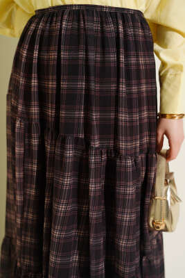 Ekoseli Bel Fermuarlı Şifon Etek Kahve - Etek