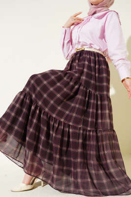 Ekoseli Bel Fermuarlı Şifon Etek Mürdüm - VAV TEKSTİL