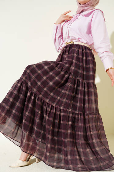 Ekoseli Bel Fermuarlı Şifon Etek Mürdüm - Etek