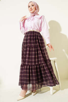 Ekoseli Bel Fermuarlı Şifon Etek Mürdüm - Etek