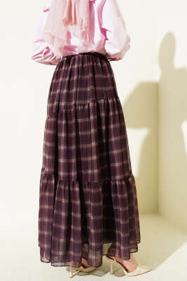 Ekoseli Bel Fermuarlı Şifon Etek Mürdüm - Etek