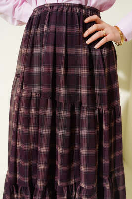 Ekoseli Bel Fermuarlı Şifon Etek Mürdüm - Etek