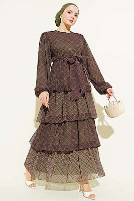 Ekoseli Bel Lastikli Kat Kat Elbise Haki - HATUN