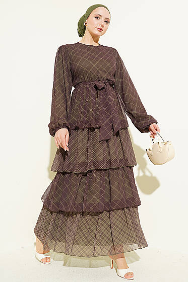 Ekoseli Bel Lastikli Kat Kat Elbise Haki - Elbise