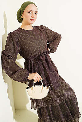 Ekoseli Bel Lastikli Kat Kat Elbise Haki - Elbise