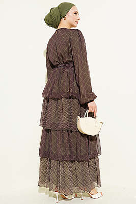 Ekoseli Bel Lastikli Kat Kat Elbise Haki - Elbise