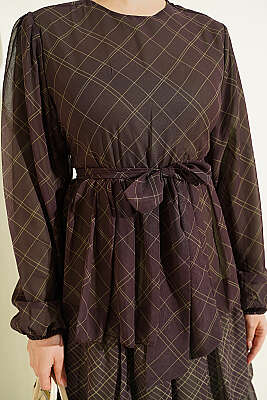 Ekoseli Bel Lastikli Kat Kat Elbise Haki - Elbise