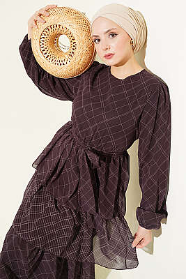 Ekoseli Bel Lastikli Kat Kat Elbise Kahve - HATUN