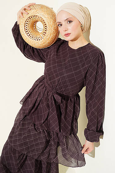 Ekoseli Bel Lastikli Kat Kat Elbise Kahve - Elbise