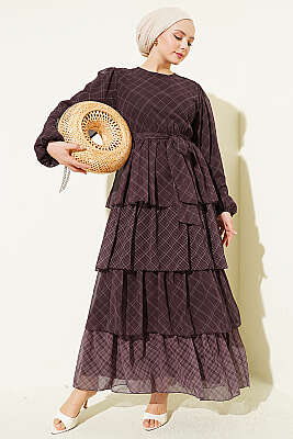 Ekoseli Bel Lastikli Kat Kat Elbise Kahve - Elbise