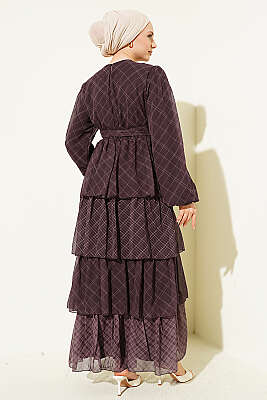 Ekoseli Bel Lastikli Kat Kat Elbise Kahve - Elbise