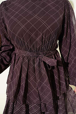 Ekoseli Bel Lastikli Kat Kat Elbise Kahve - Elbise