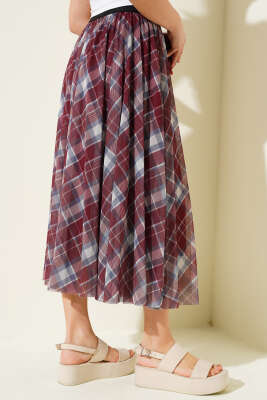 Ekoseli Bel Lastikli Şifon Etek Bordo - Kadın Giyim Modelleri