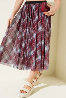 Ekoseli Bel Lastikli Şifon Etek Bordo - Kadın Giyim Modelleri