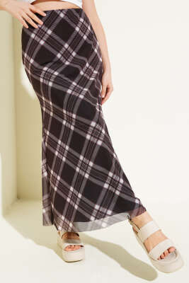 Ekoseli Bel Lastikli Şifon Etek Koyu Kahve - Kadın Giyim Modelleri