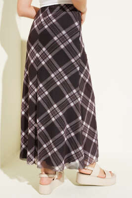 Ekoseli Bel Lastikli Şifon Etek Koyu Kahve - Kadın Giyim Modelleri