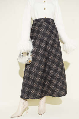 Ekoseli Beli Lastikli Kloş Etek Antrasit Gri - FİXAY