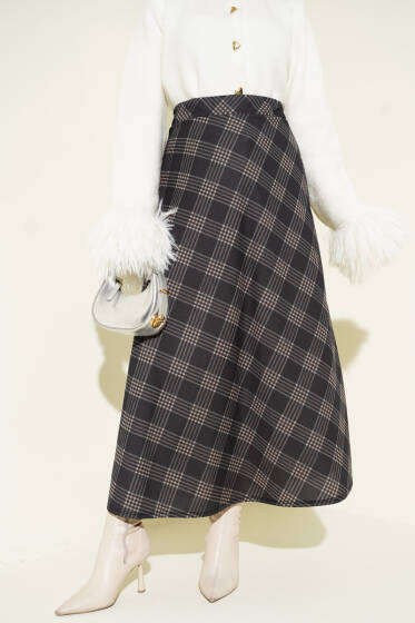 Ekoseli Beli Lastikli Kloş Etek Antrasit Gri - Etek