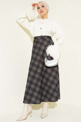 Ekoseli Beli Lastikli Kloş Etek Antrasit Gri - Etek