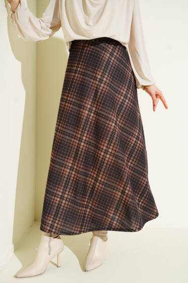 Ekoseli Beli Lastikli Kloş Etek Camel - Etek