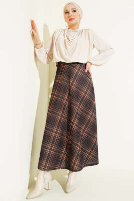 Ekoseli Beli Lastikli Kloş Etek Camel - Etek