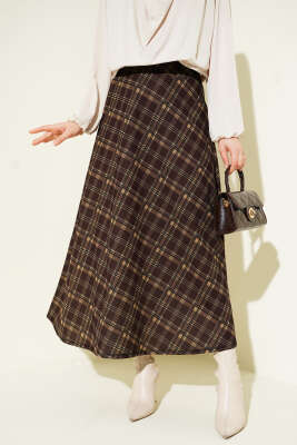 Ekoseli Beli Lastikli Kloş Etek Kahve - FİXAY