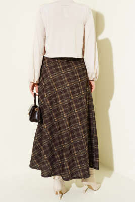 Ekoseli Beli Lastikli Kloş Etek Kahve - Etek