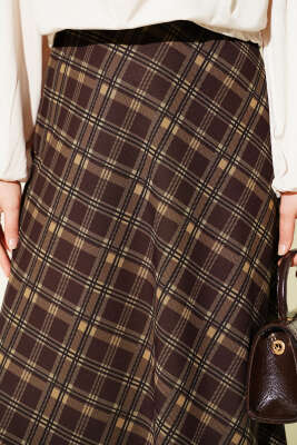 Ekoseli Beli Lastikli Kloş Etek Kahve - Etek