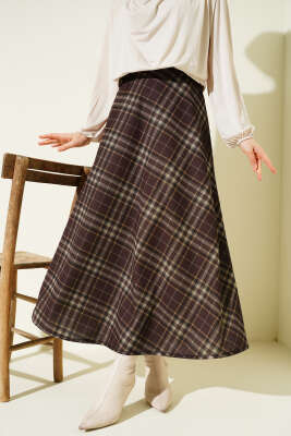 Ekoseli Beli Lastikli Kloş Etek Kestane - FİXAY