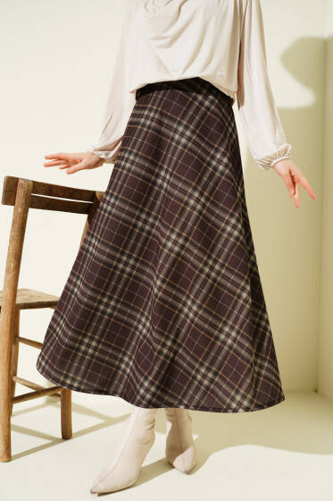 Ekoseli Beli Lastikli Kloş Etek Kestane - Etek