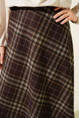 Ekoseli Beli Lastikli Kloş Etek Kestane - Etek