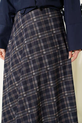 Ekoseli Beli Lastikli Kloş Etek Lacivert - Etek