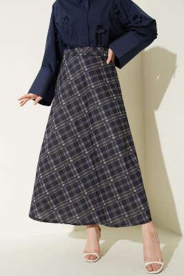 Ekoseli Beli Lastikli Kloş Etek Lacivert 