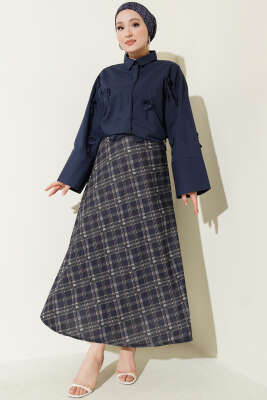 Ekoseli Beli Lastikli Kloş Etek Lacivert - Yılın Fırsatı