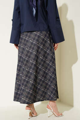 Ekoseli Beli Lastikli Kloş Etek Lacivert - Yılın Fırsatı