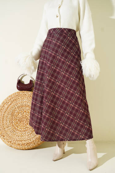 Ekoseli Beli Lastikli Kloş Etek Mürdüm - Etek