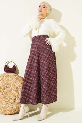 Ekoseli Beli Lastikli Kloş Etek Mürdüm - Etek