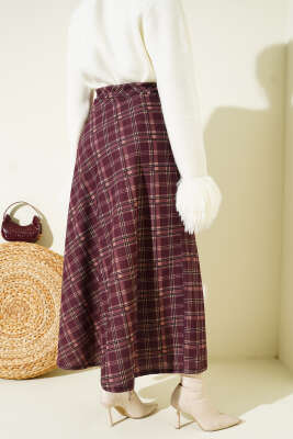 Ekoseli Beli Lastikli Kloş Etek Mürdüm - Etek