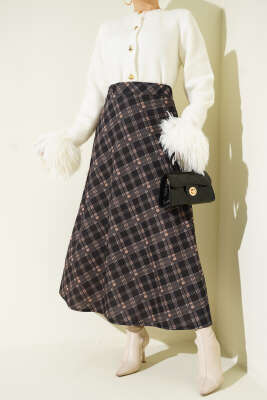 Ekoseli Beli Lastikli Kloş Etek Siyah - FİXAY