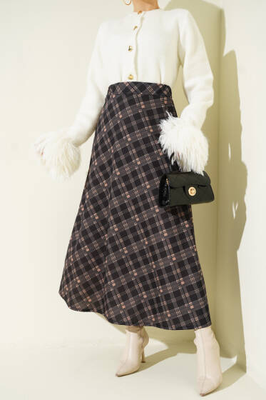 Ekoseli Beli Lastikli Kloş Etek Siyah - Etek