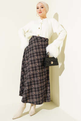 Ekoseli Beli Lastikli Kloş Etek Siyah - Etek