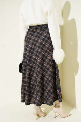 Ekoseli Beli Lastikli Kloş Etek Siyah - Etek