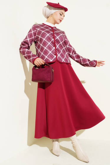 Ekoseli Ceketli Etekli Scuba Takım Bordo - İkili Takım