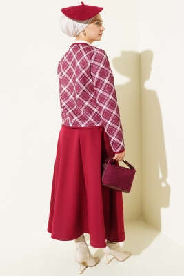 Ekoseli Ceketli Etekli Scuba Takım Bordo - İkili Takım