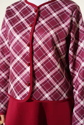 Ekoseli Ceketli Etekli Scuba Takım Bordo - İkili Takım