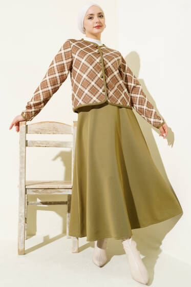 Ekoseli Ceketli Etekli Scuba Takım Çağla Yeşili - İkili Takım