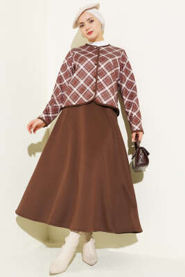 Ekoseli Ceketli Etekli Scuba Takım Kahve - TEGOE