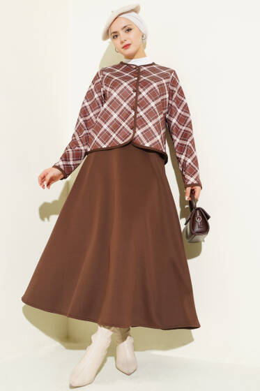 Ekoseli Ceketli Etekli Scuba Takım Kahve - İkili Takım