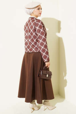 Ekoseli Ceketli Etekli Scuba Takım Kahve - İkili Takım