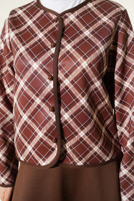 Ekoseli Ceketli Etekli Scuba Takım Kahve - İkili Takım